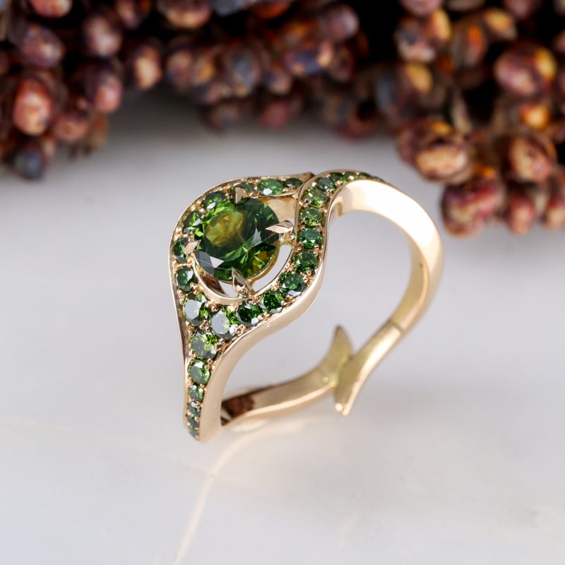 18ct rose gold green sapphire and green diamond atlantis ring