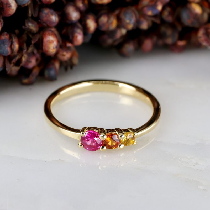 18ct fairtrade yellow gold triple sunset sapphire ring