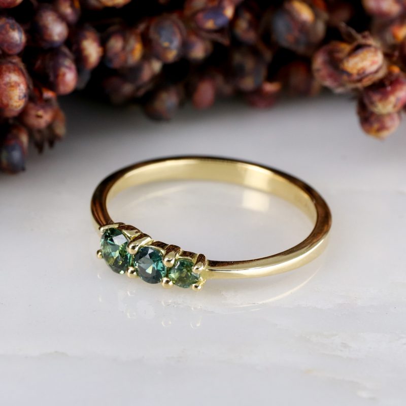 18ct fairtrade yellow gold triple green sapphire ring