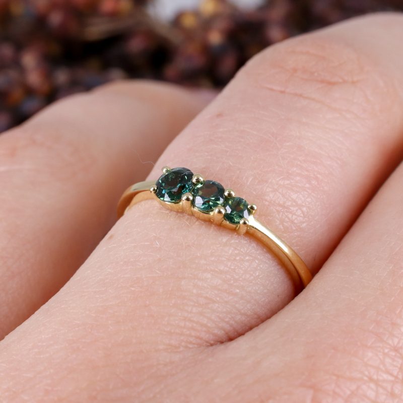 18ct fairtrade yellow gold triple green sapphire ring