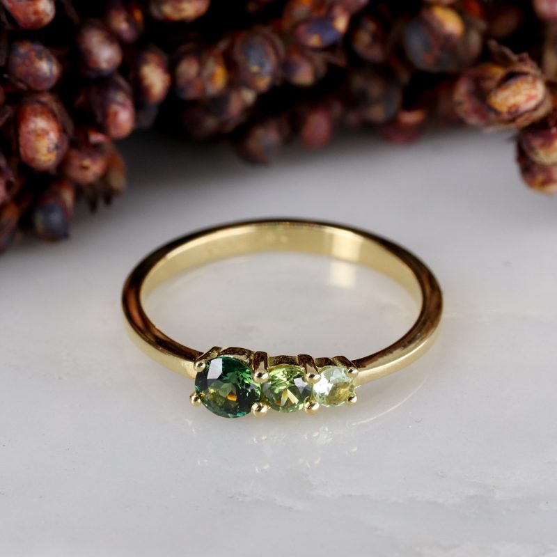 18ct fairtrade yellow gold triple green sapphire ring