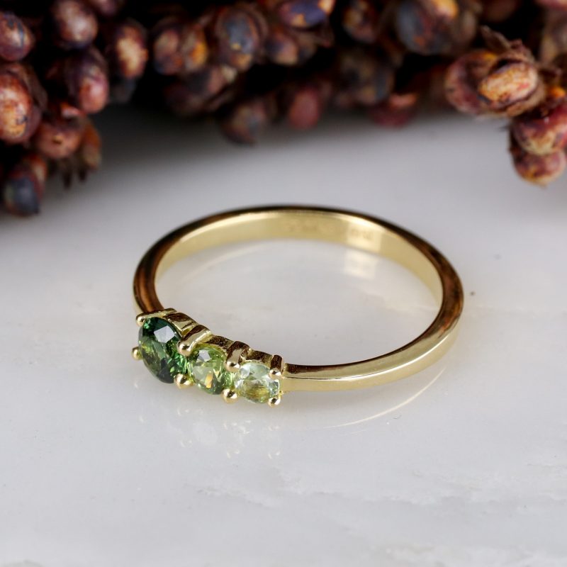 18ct fairtrade yellow gold triple green sapphire ring