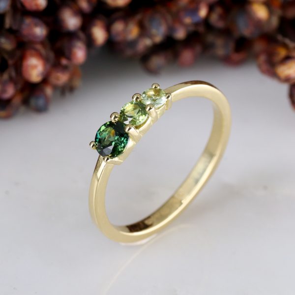 18ct fairtrade yellow gold triple green sapphire ring