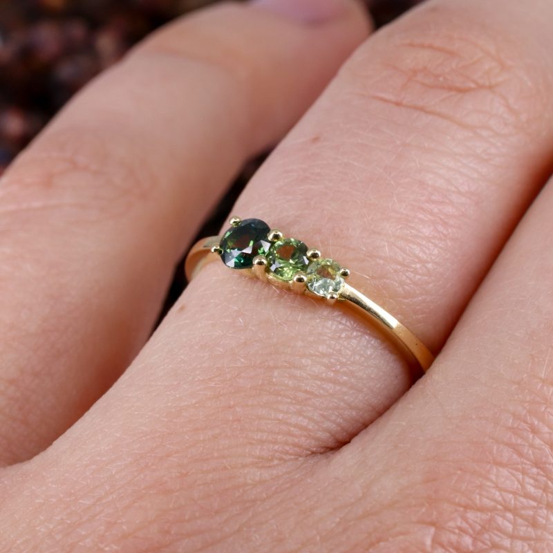 18ct fairtrade yellow gold triple green sapphire ring