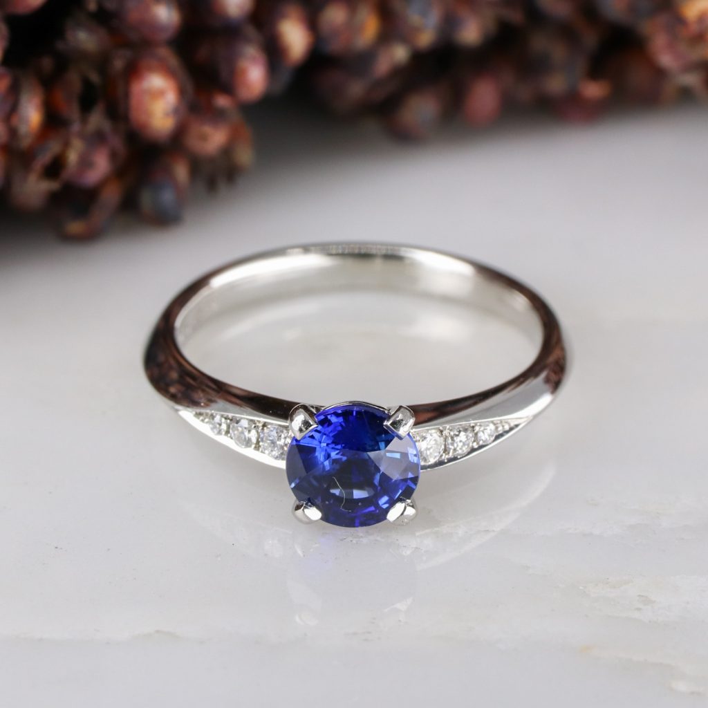 Platinum 1ct blue sapphire coco solitaire ring - Baroque Jewellery