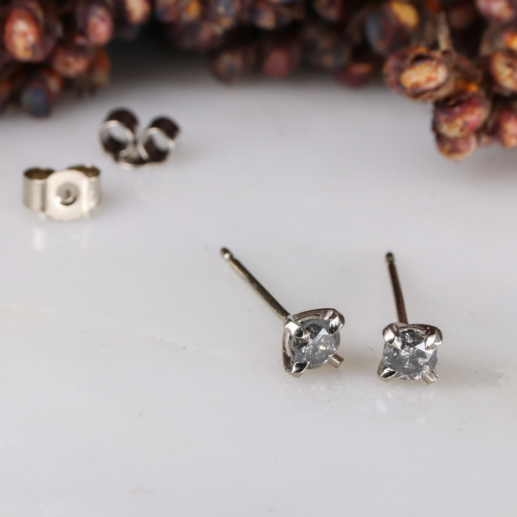 18ct white gold and salt and pepper diamond earstuds Baroque Jewellery