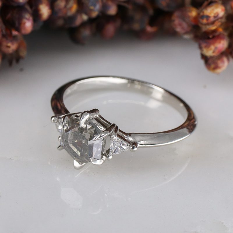 Platinum hexagon salt and pepper diamond and white diamond trilogy ring