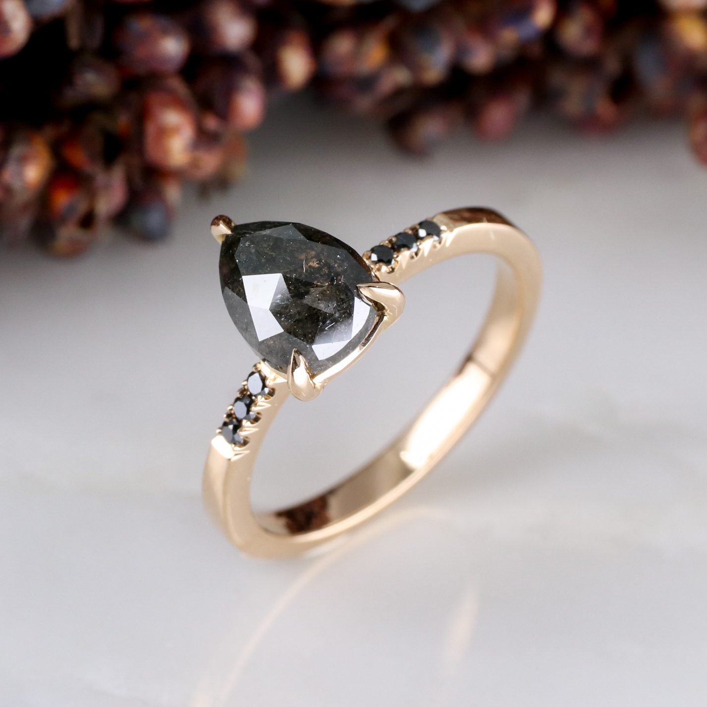 18ct rose gold pear shape salt and pepper diamond rise ring with black ...