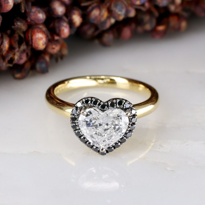 18ct yellow gold heart shape diamond ring with black diamond halo