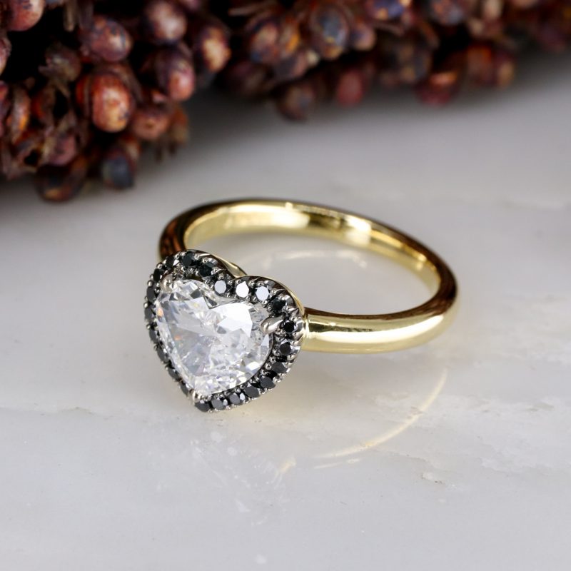 18ct yellow gold heart shape diamond ring with black diamond halo