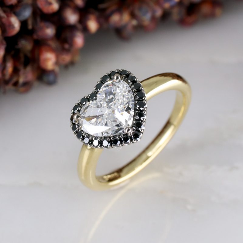 18ct yellow gold heart shape diamond ring with black diamond halo
