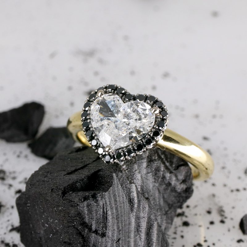 18ct yellow gold heart shape diamond ring with black diamond halo