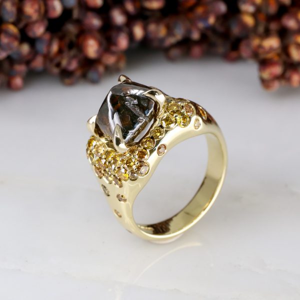 18ct yellow gold 5.60ct rough brown diamond ring with yellow diamond detail