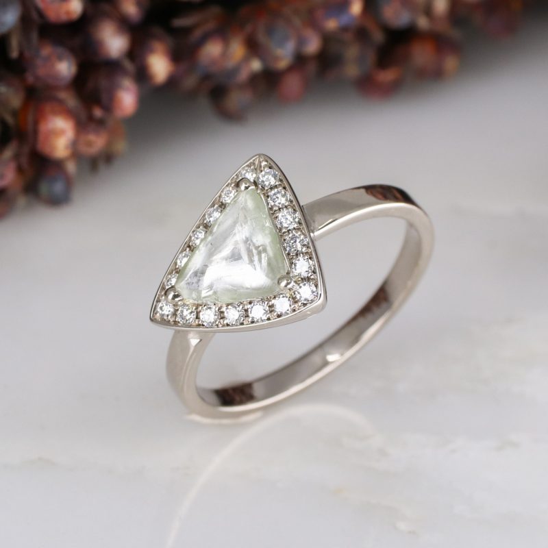 18ct white gold macle diamond ring with white diamond halo