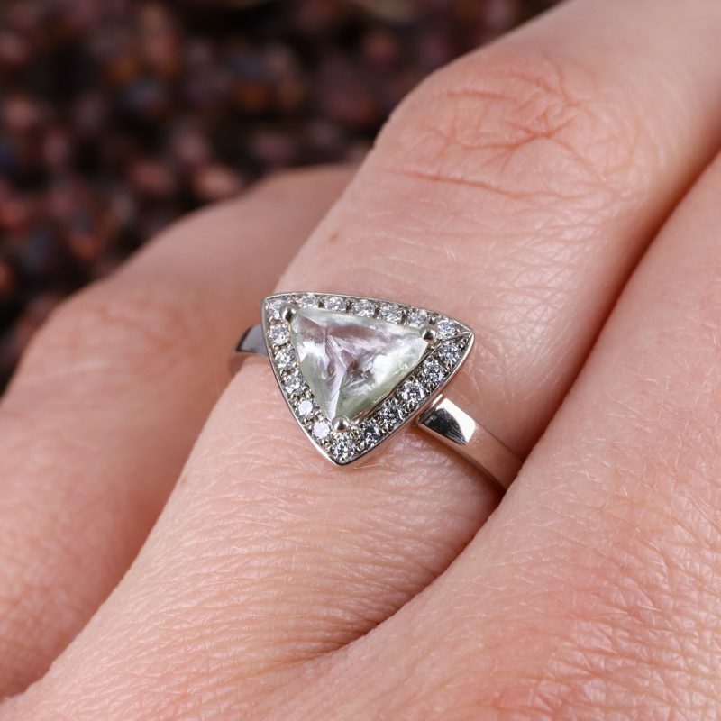 18ct white gold macle diamond ring with white diamond halo