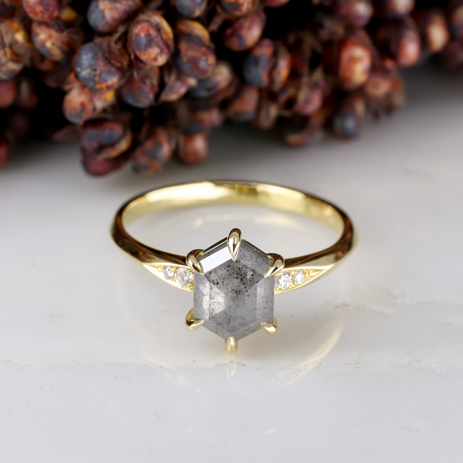 18ct yellow gold salt and pepper hexagon diamond mini coco ring ...