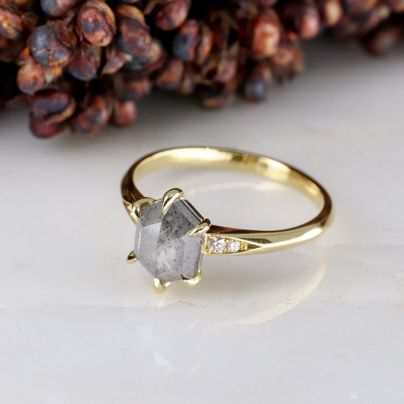 18ct yellow gold salt and pepper hexagon diamond mini coco ring