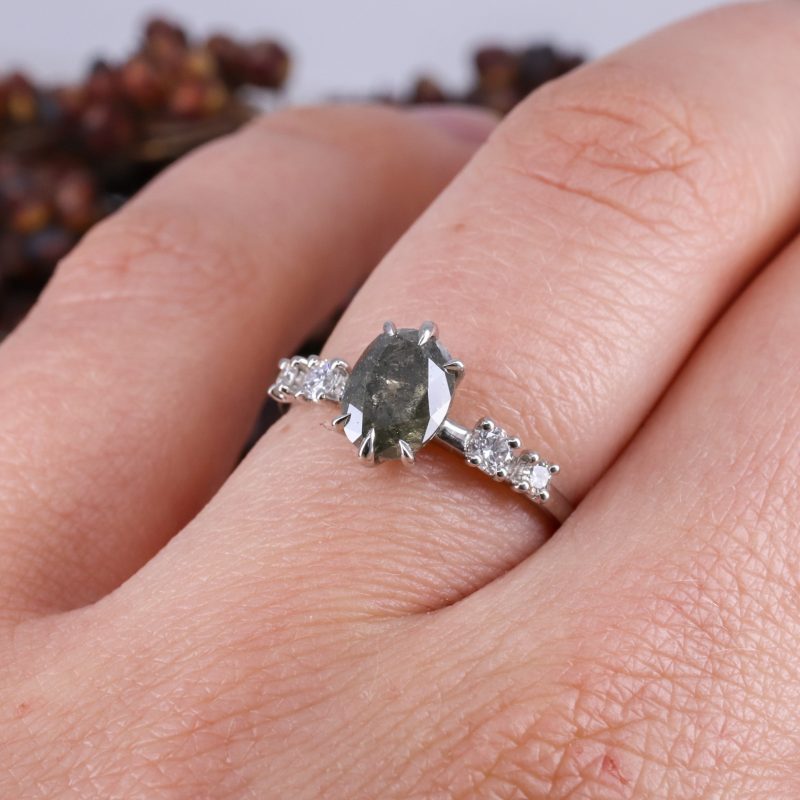 Platinum salt and pepper diamond and white diamond ring