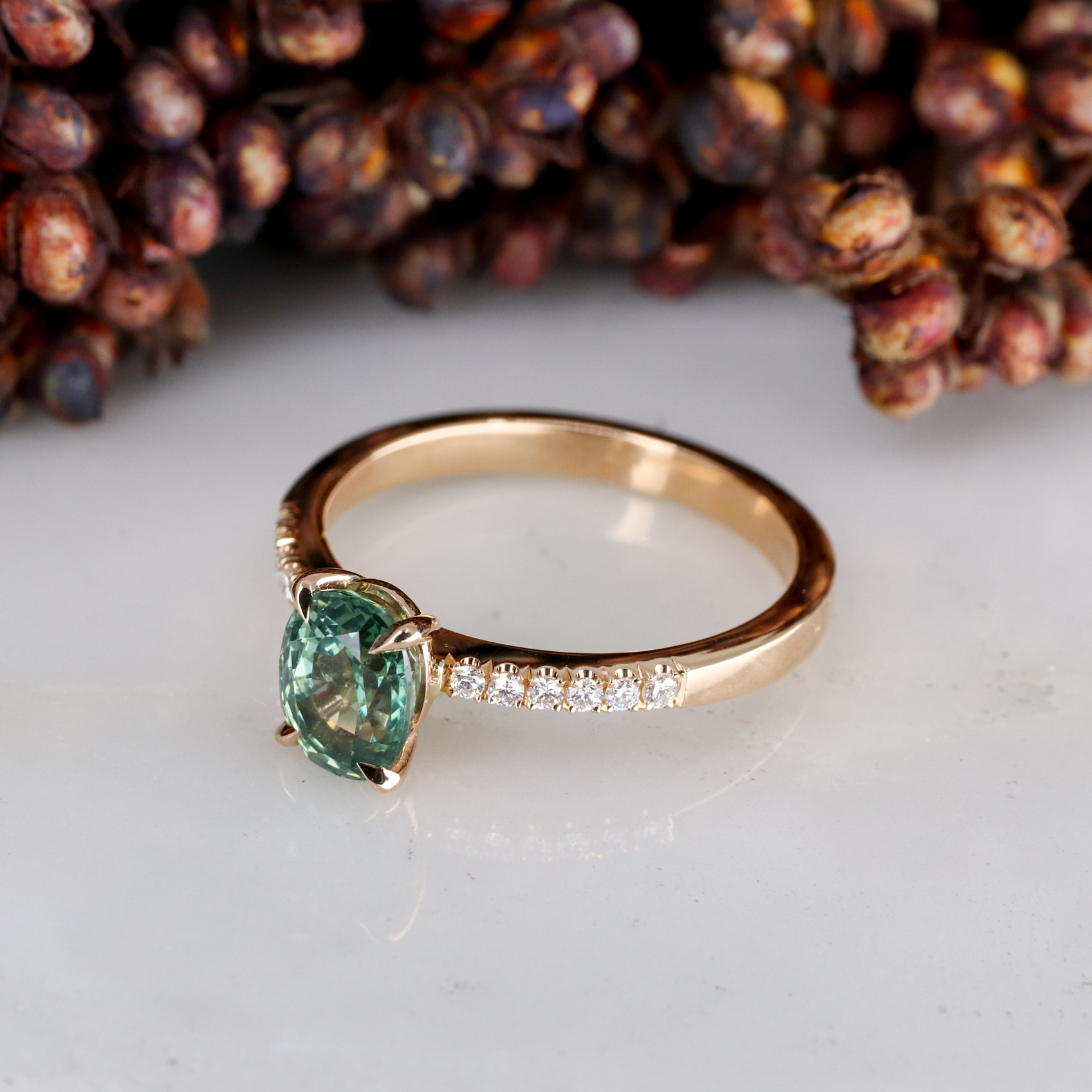 18ct rose gold seafoam coloured sapphire rise ring with white diamond ...