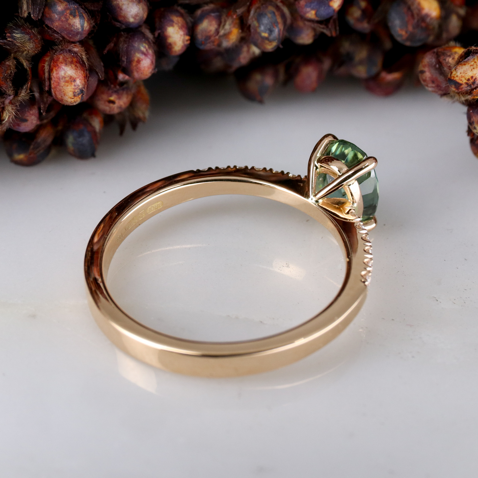 18ct rose gold seafoam coloured sapphire rise ring with white diamond ...