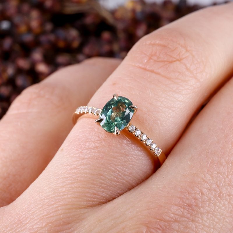 18ct rose gold seafoam coloured sapphire rise ring with white diamond shoulders