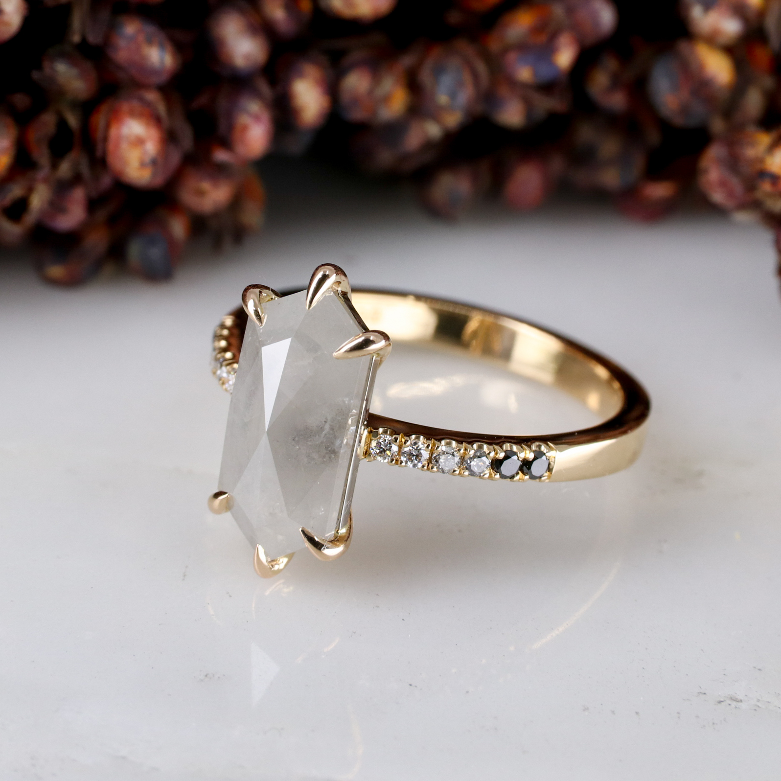 18ct rose gold elongated hexagon grey diamond rise ring with ombre ...