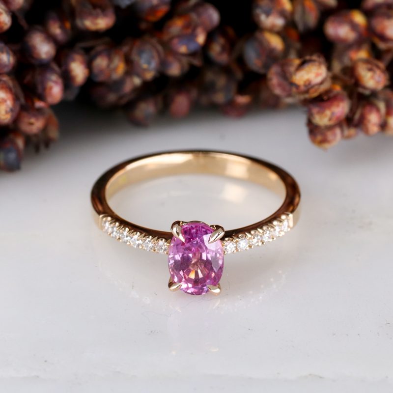 18ct rose gold pink sapphire rise ring with white diamond shoulders