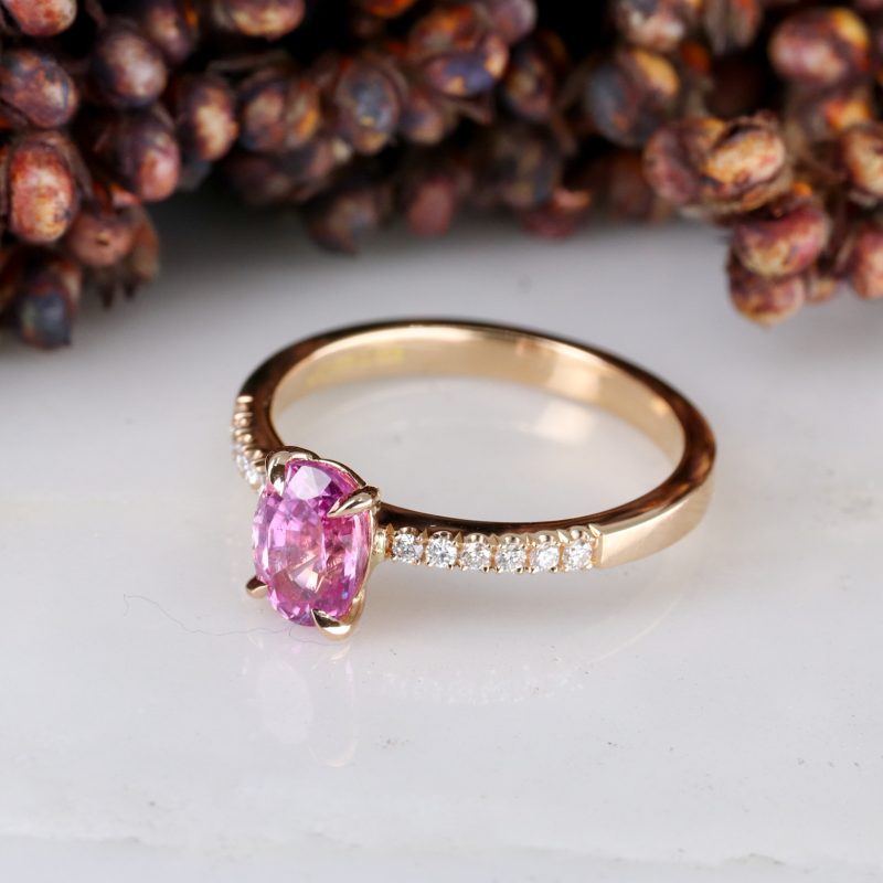 18ct rose gold pink sapphire rise ring with white diamond shoulders