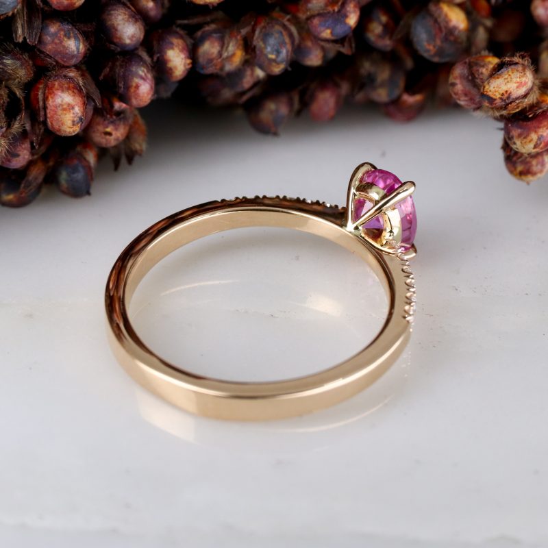 18ct rose gold pink sapphire rise ring with white diamond shoulders