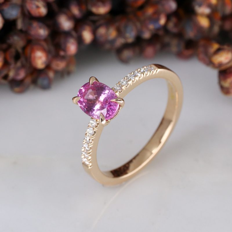 18ct rose gold pink sapphire rise ring with white diamond shoulders