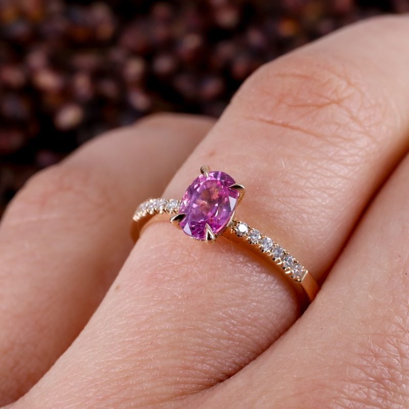 18ct rose gold pink sapphire rise ring with white diamond shoulders