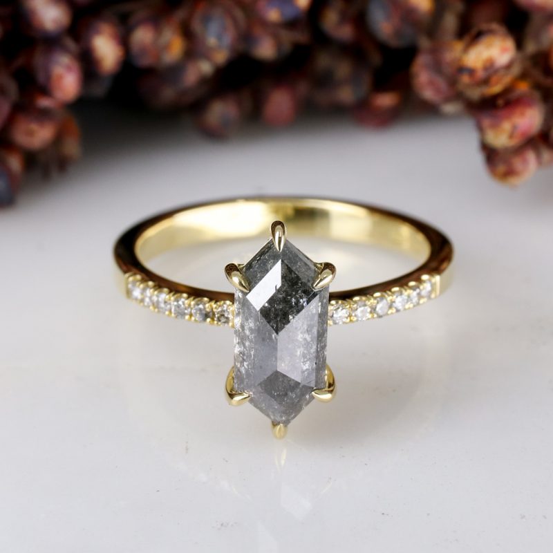 18ct yellow gold elongated hexagon salt and pepper diamond rise ring with salt and pepper diamond shoulders