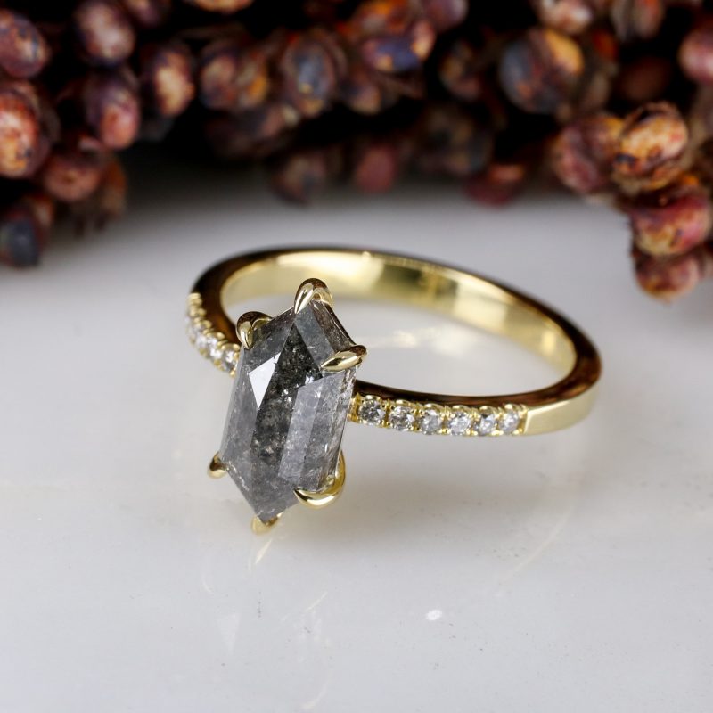 18ct yellow gold elongated hexagon salt and pepper diamond rise ring with salt and pepper diamond shoulders