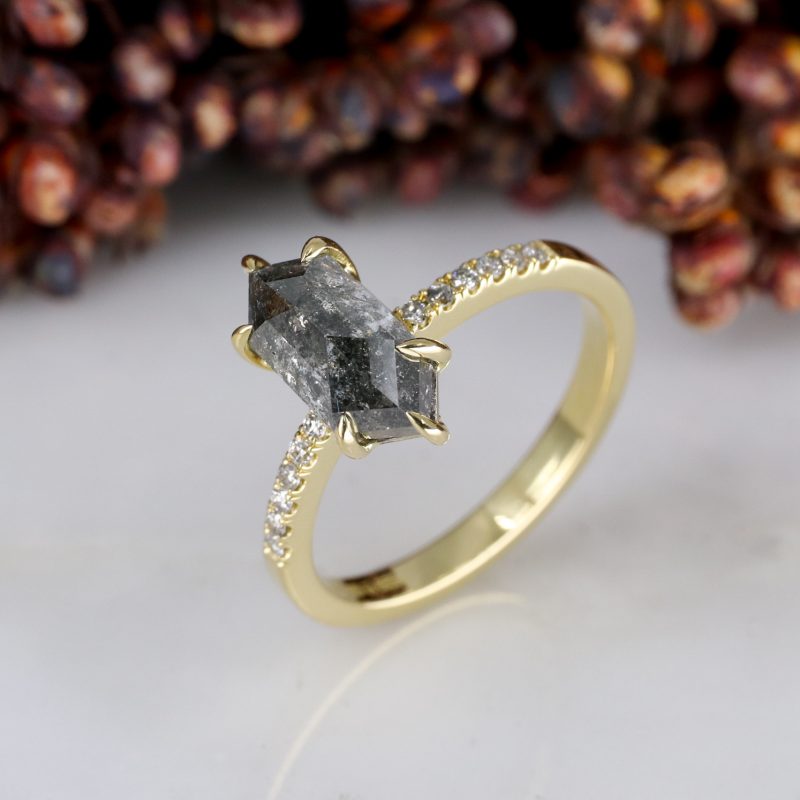 18ct yellow gold elongated hexagon salt and pepper diamond rise ring with salt and pepper diamond shoulders