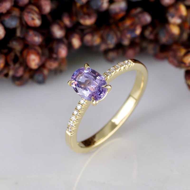 18ct yellow gold purple sapphire rise ring with white diamond shoulders