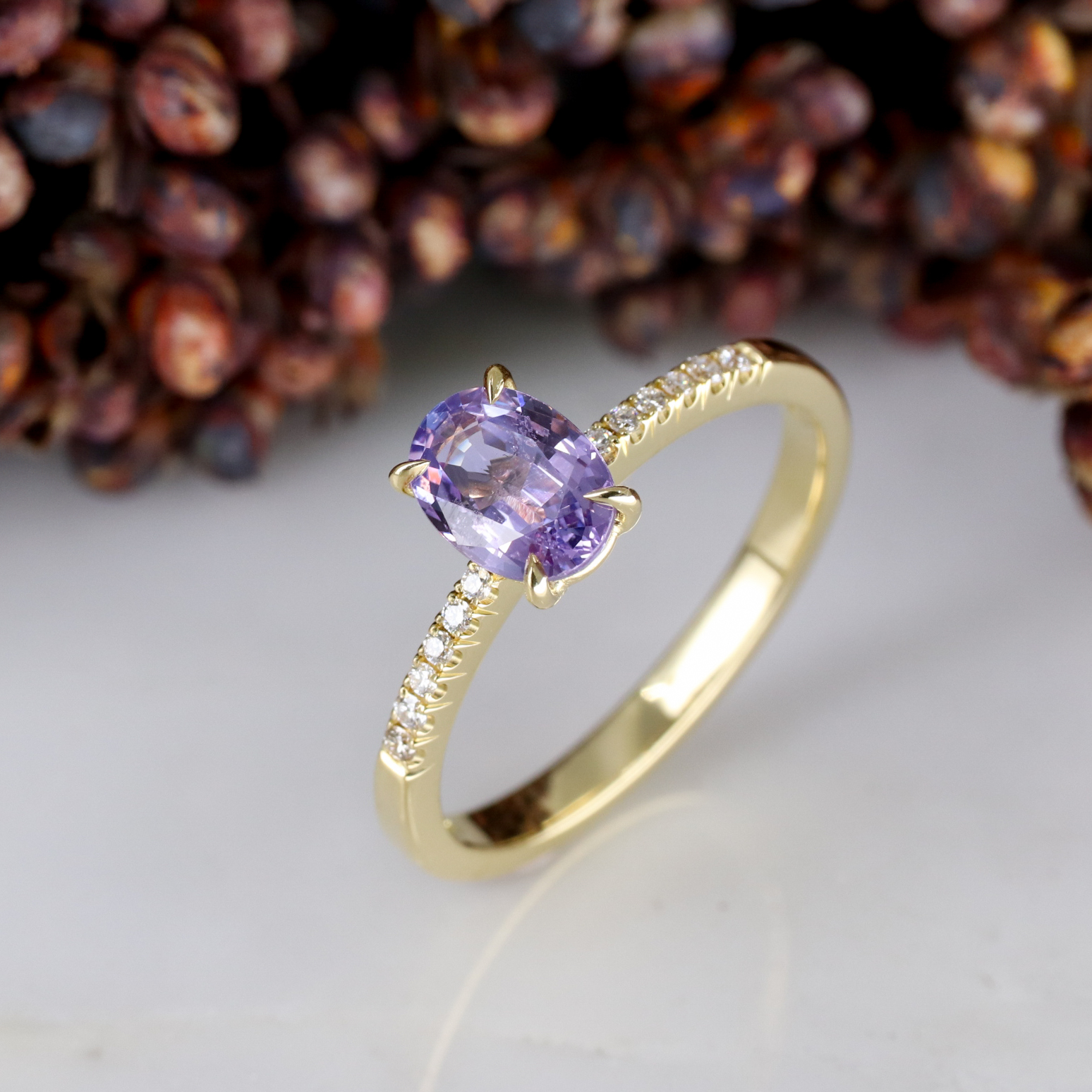 18ct yellow gold purple sapphire rise ring with white diamond shoulders ...