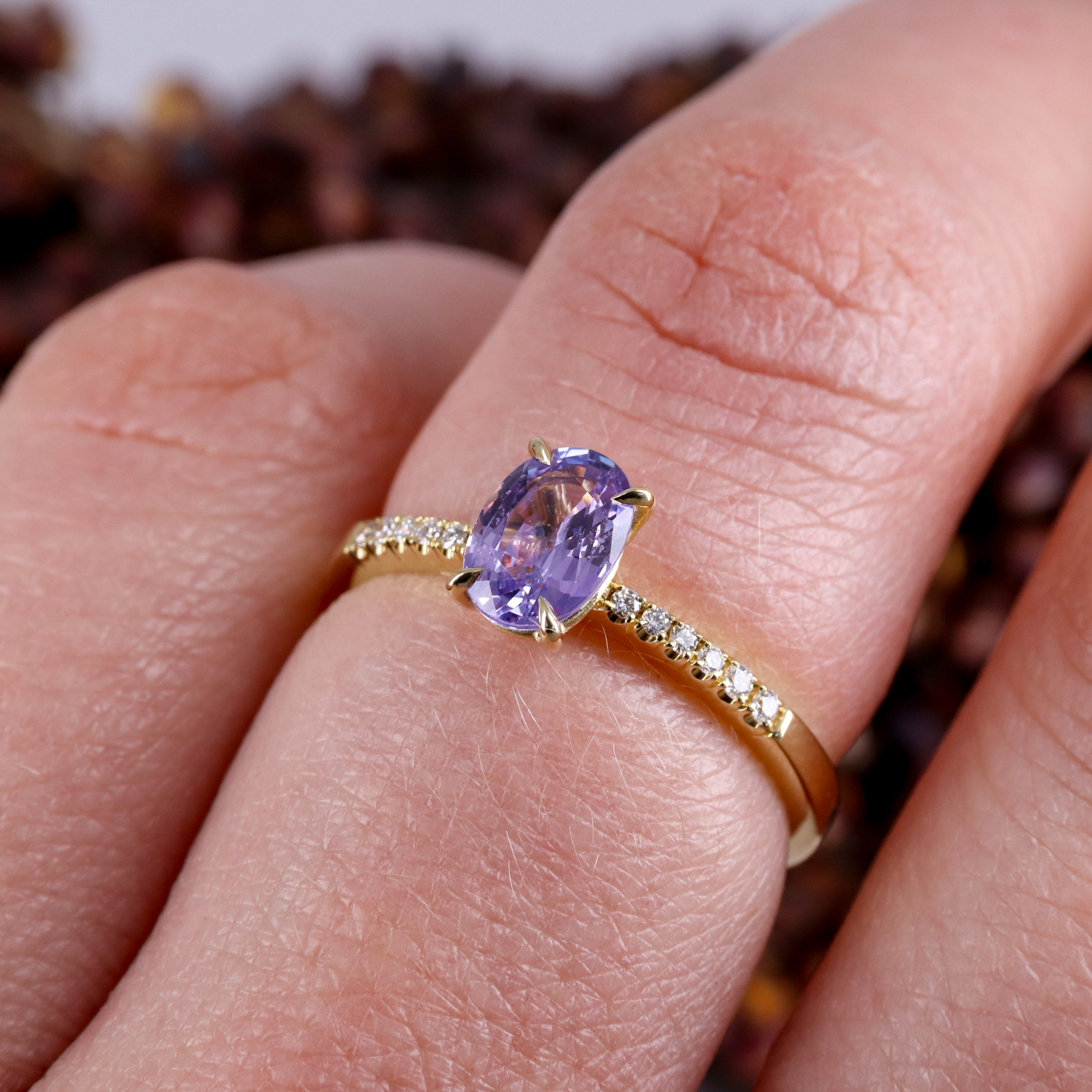 18ct yellow gold purple sapphire rise ring with white diamond shoulders ...