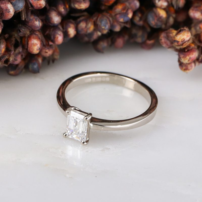 18ct white gold emerald cut lab grown diamond rise ring