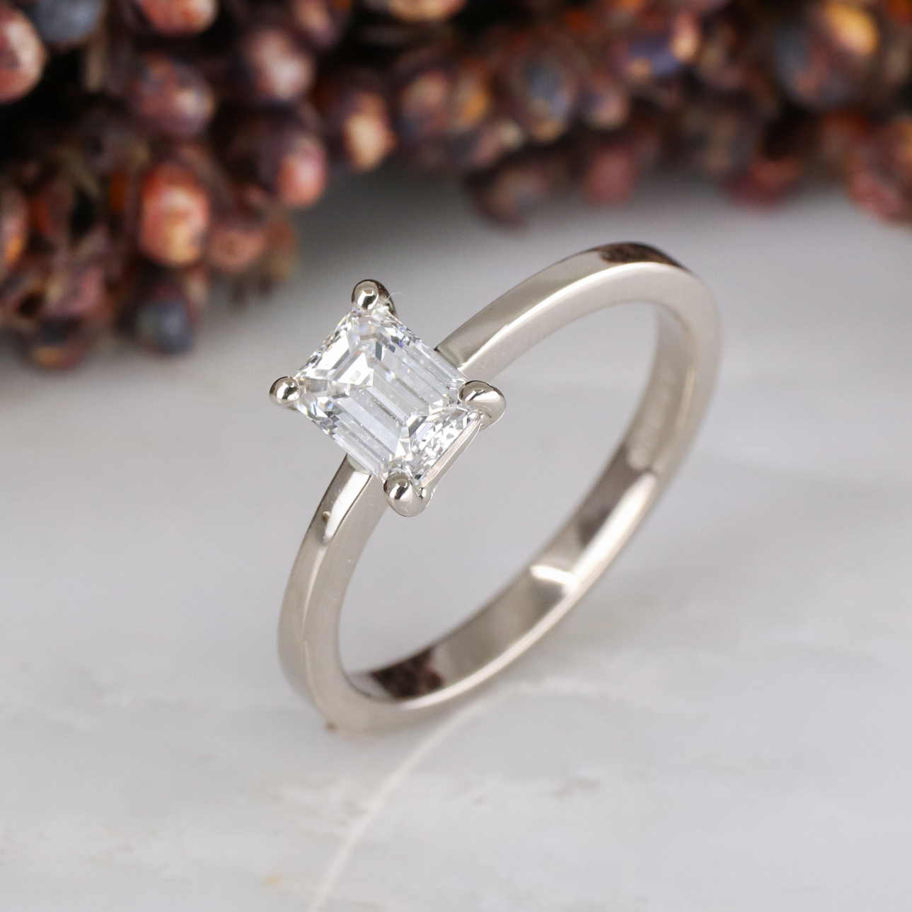 18ct white gold emerald cut lab grown diamond rise ring Baroque Jewellery