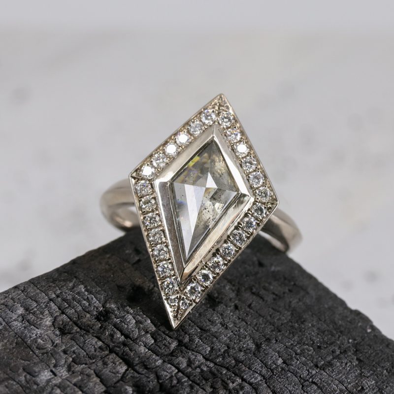 18ct white gold salt and pepper kite shape diamond ring with white diamond halo