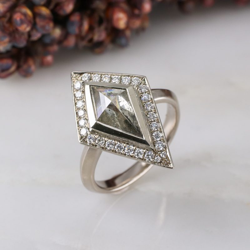 18ct white gold salt and pepper kite shape diamond ring with white diamond halo