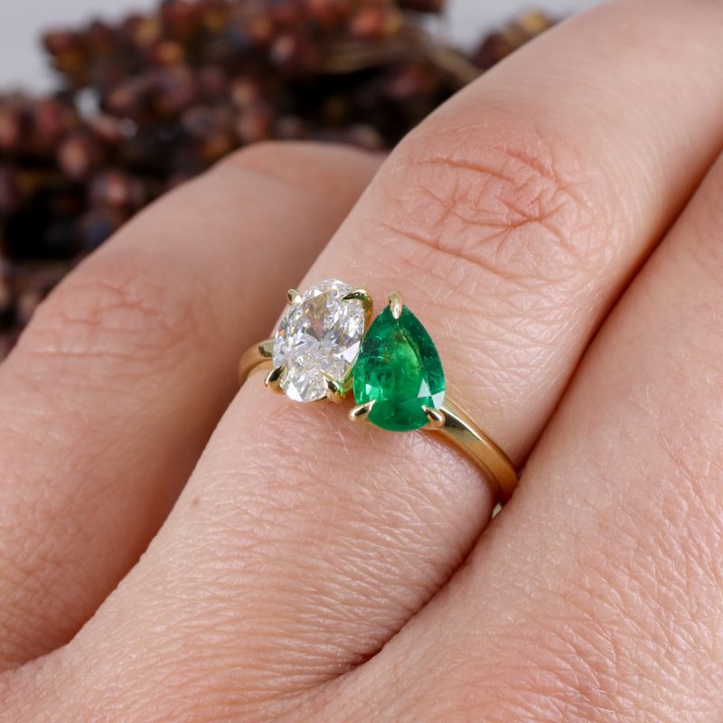 18ct yellow gold lab grown diamond and emerald toi et moi ring