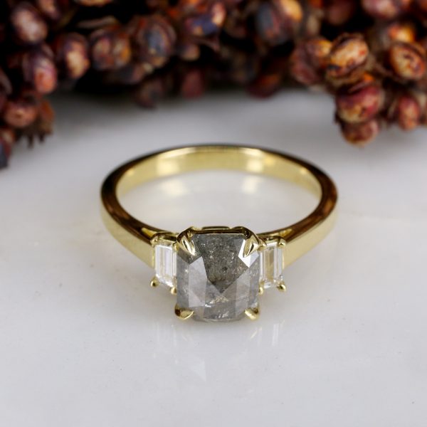 18ct yellow gold radiant cut salt and pepper and white diamond deco ring