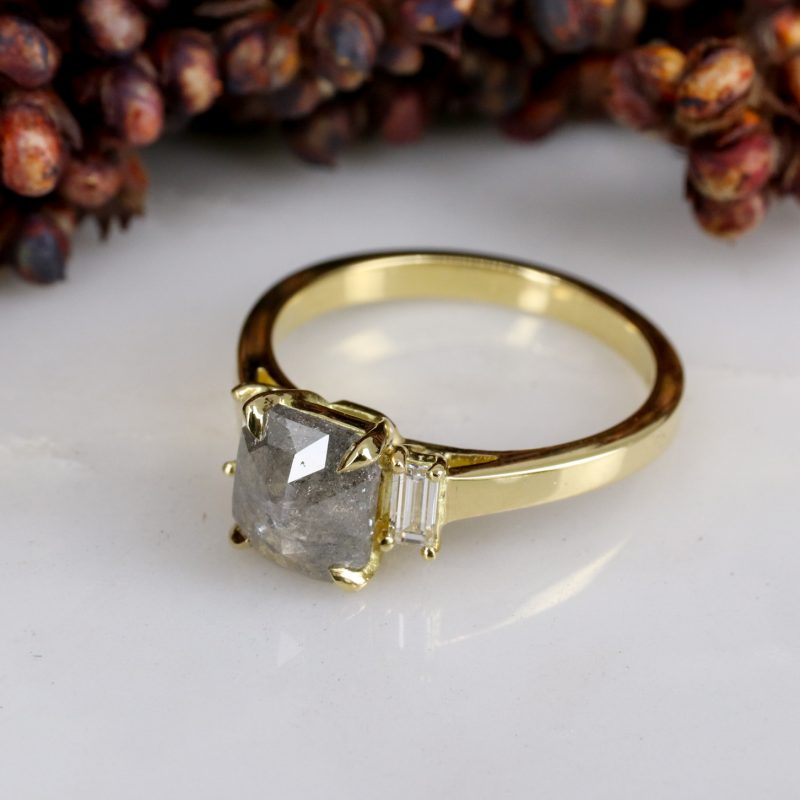 18ct yellow gold radiant cut salt and pepper and white diamond deco ring