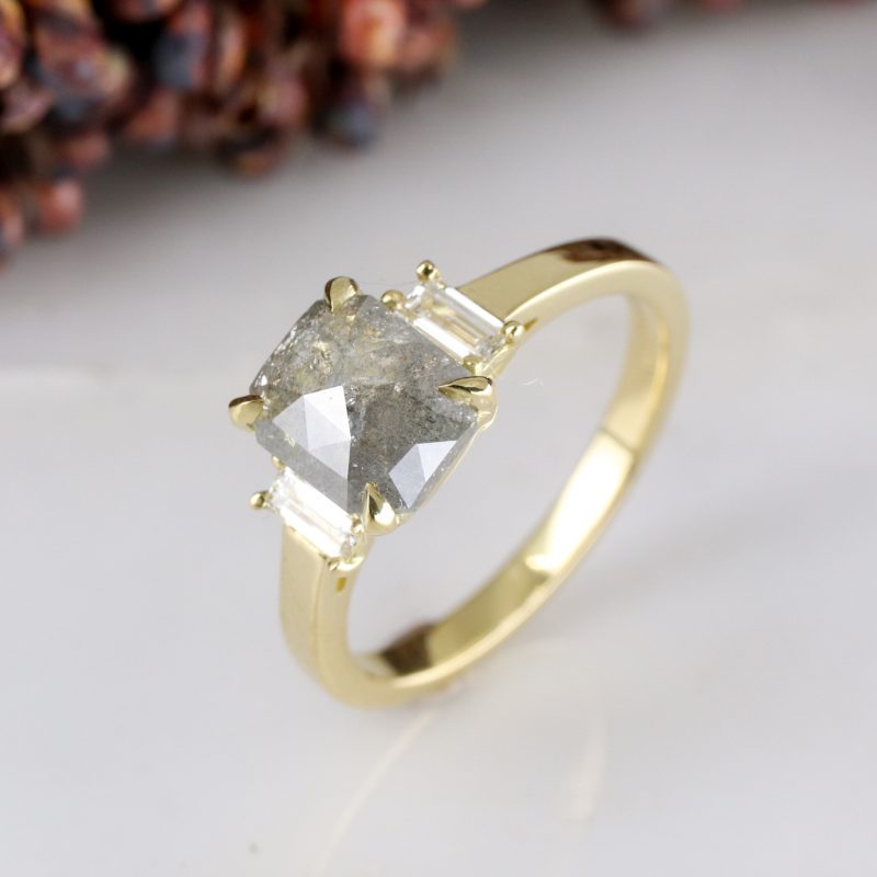 18ct yellow gold radiant cut salt and pepper and white diamond deco ring