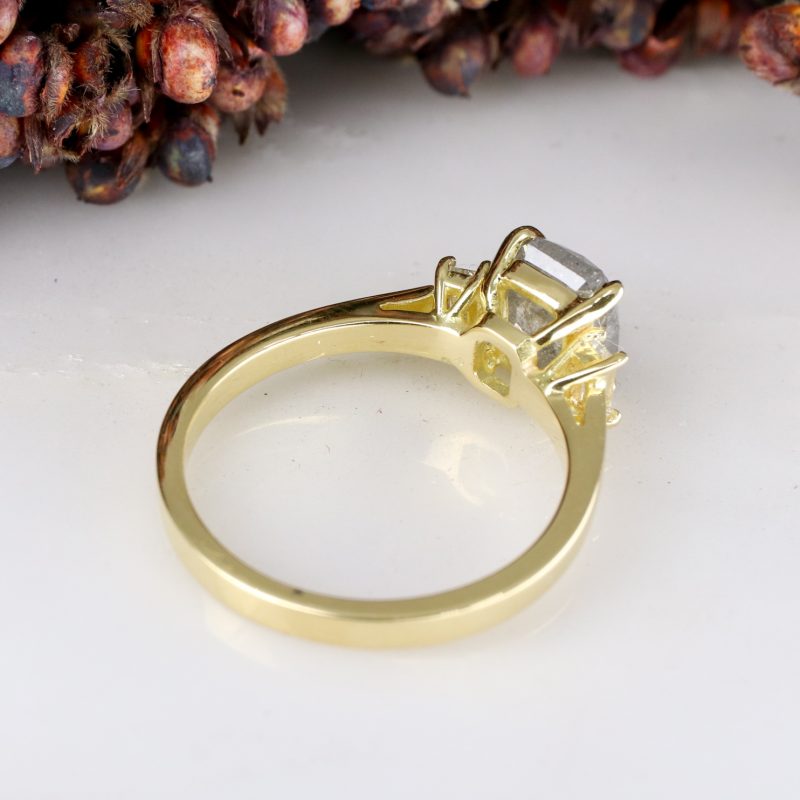 18ct yellow gold radiant cut salt and pepper and white diamond deco ring