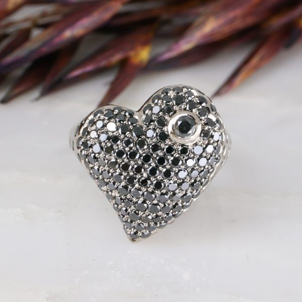 18ct white gold and black diamond pavé set large heart ring