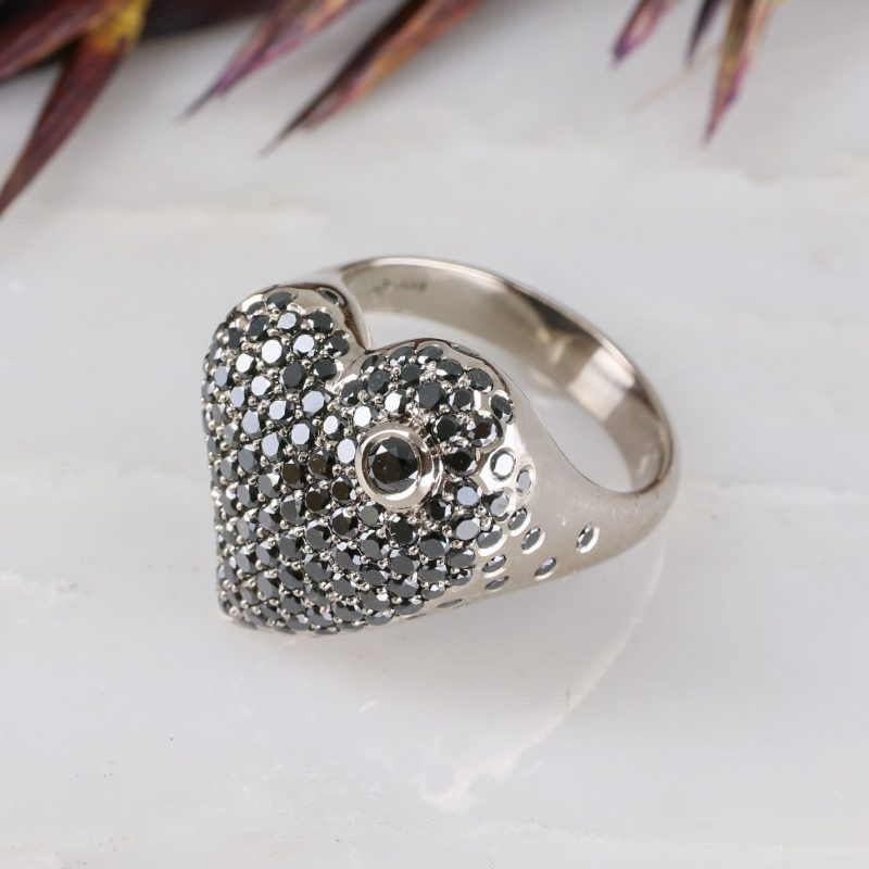 18ct white gold and black diamond pavé set large heart ring