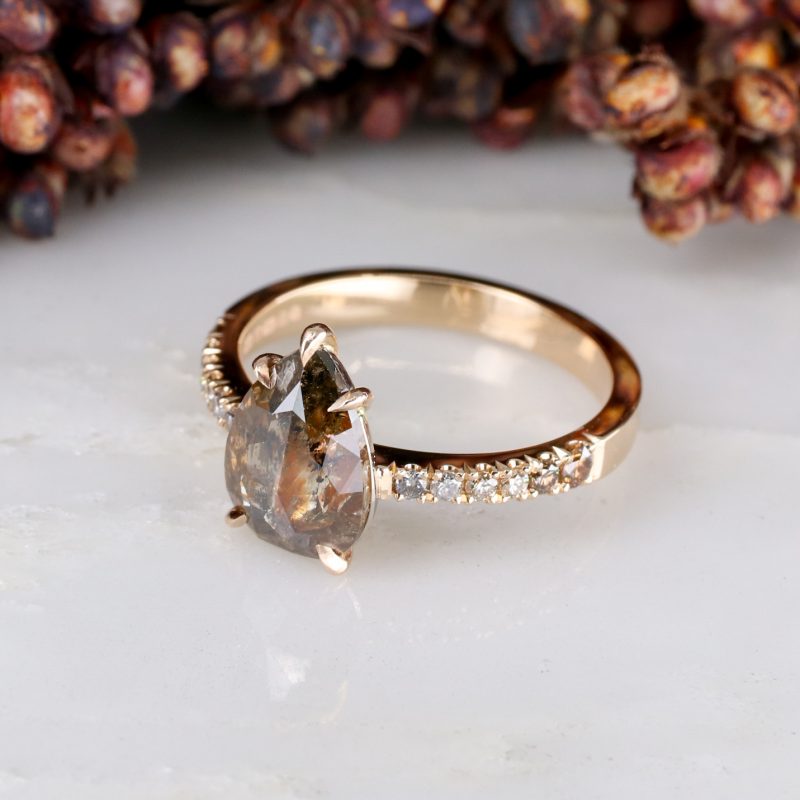 18ct rose gold unique pear shape diamond rise ring with ombre diamond shoulders