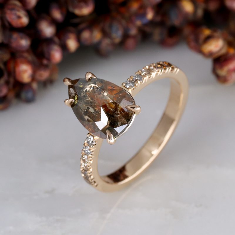 18ct rose gold unique pear shape diamond rise ring with ombre diamond shoulders